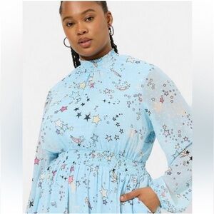 Torrid Celestial Star Print Dress 1X | Blue Long Sleeve Smocked Waist Mini Dress